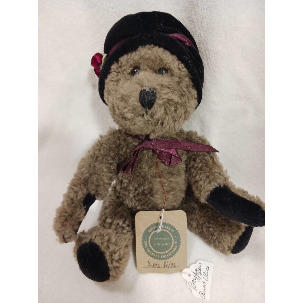 1990 Boyds Bears Auntie Alice PLUSH Teddy CERTIFICATE & Velvet Hat Silk Roses